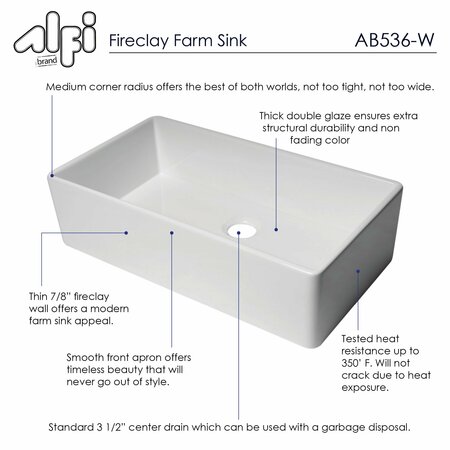 Alfi Brand White 36" Smooth Apron Sgl Bowl Fireclay Farm Sink AB536-W